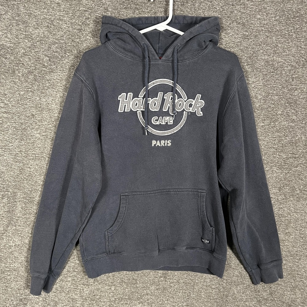 Hard Rock Cafe Hoodie Mens Medium Blue Paris Graphic Pullover Fleece Sweatshirt